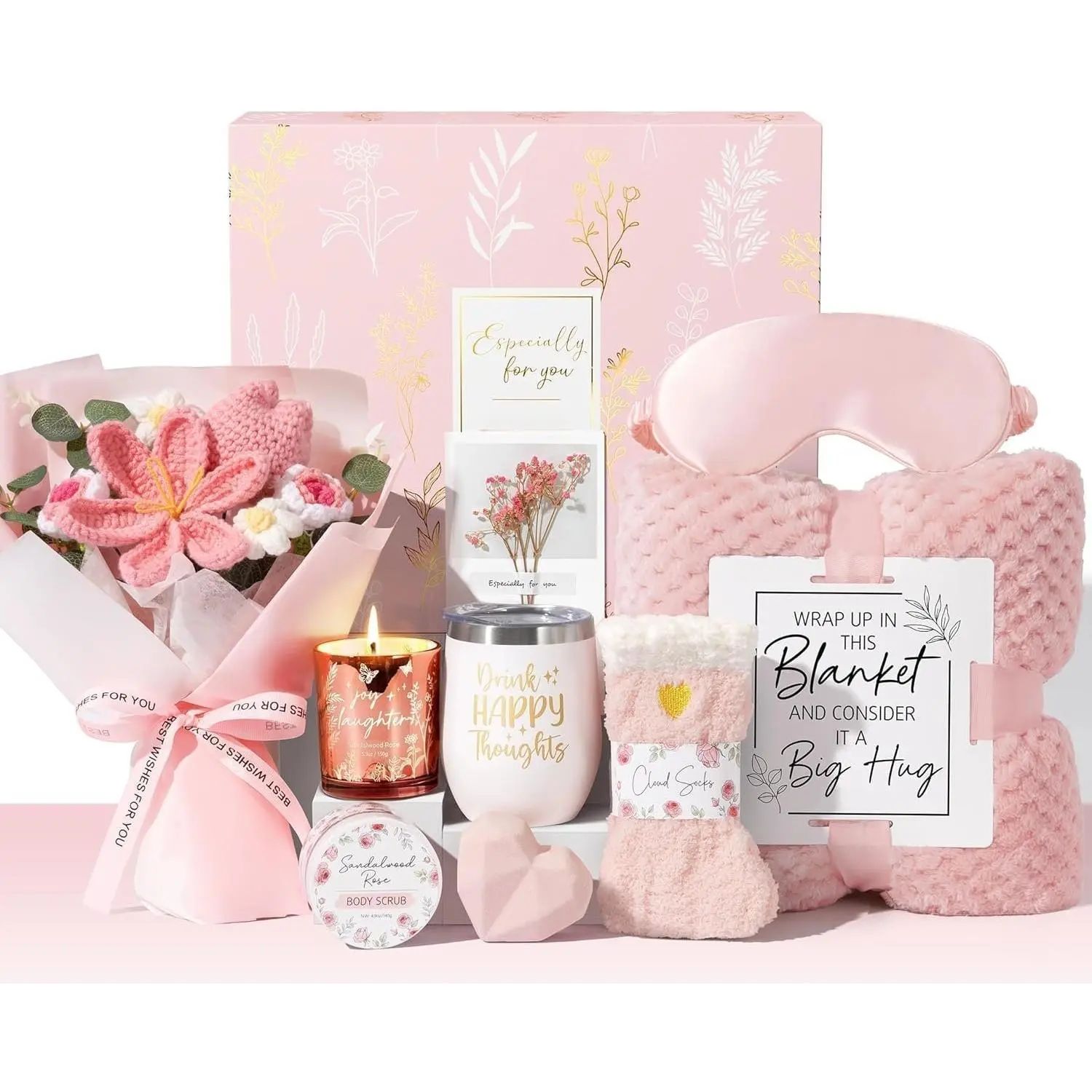 Birthday Gifts for Women,  Self Care Package Get Well Soon  Baskets | Sympathy  Set w/ Crochet Flower Bouquet, Christmas Thinking of You Gifts Basket for Women Mom Her   Sister Wife