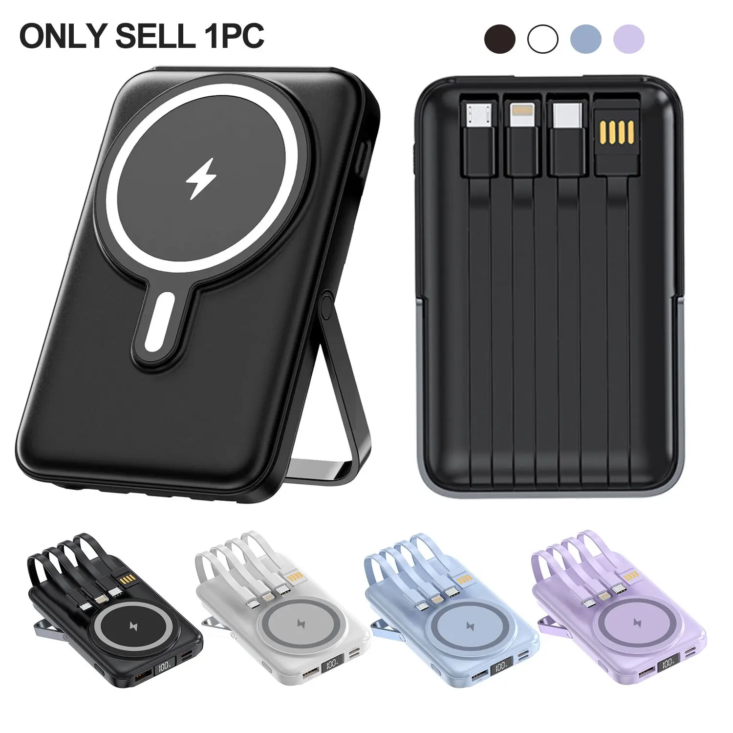 22.5W Magnetic Travel Power Bank with 4 Cables, 10000mAh Battery Pack Fast Charging with LED Display, Foldable Metal Stand, PowerBank for iPhone 17/16/15/14/13/12/Pro/Pro Max and Android Phones