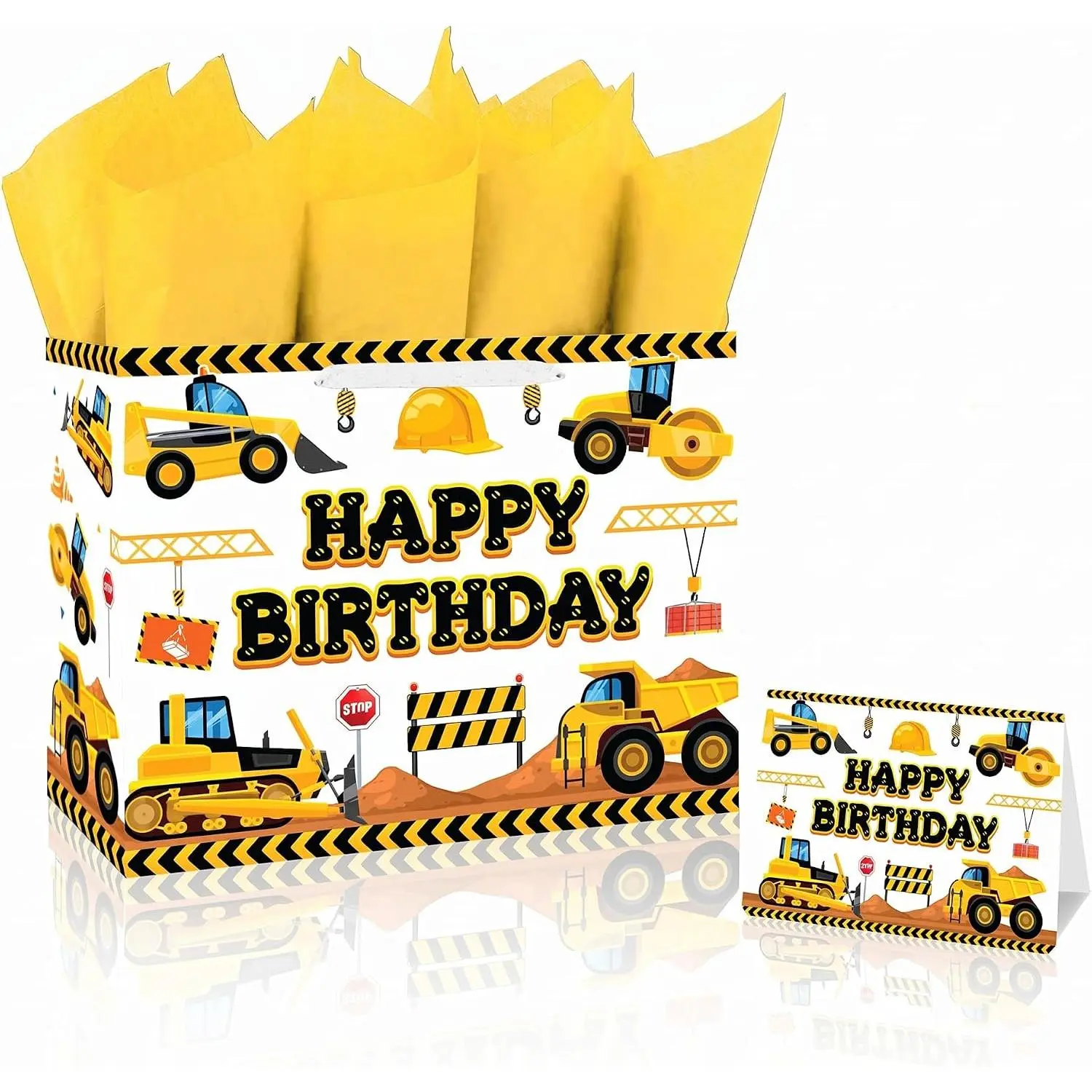 Construction  Birthday  Bag, Large 13" | Construction Theme  Wrap, With Handles, Includes Tissue Paper & Greeting Card