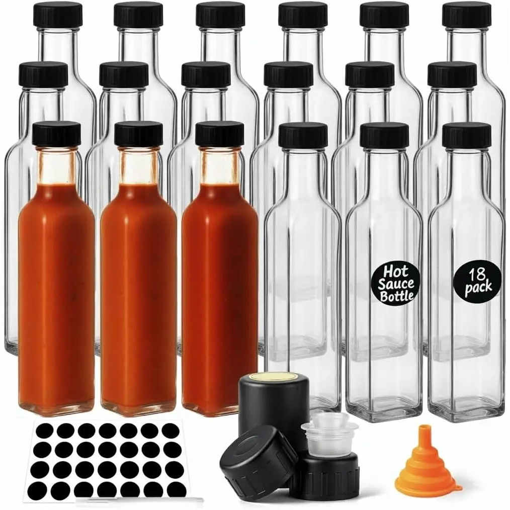 Hot Sauce Bottles 18-Pack 8.5oz Glass Bottles with Lids - Square Hot Sauce Containers for Homemade Chili Oil, Vinegar, BBQ - Empty Glass Bottles for Liquid Storage & Gifting, Clear (Leakproof)