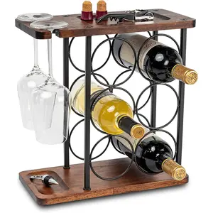 SASIDO Wine Racks Countertop, Wine Holder and Glasses Rack, Wooden Wine Stand with Tray, Perfect for Home Decor & Kitchen Storage Rack etc (Hold 6 Bottles and 2 Glasses)