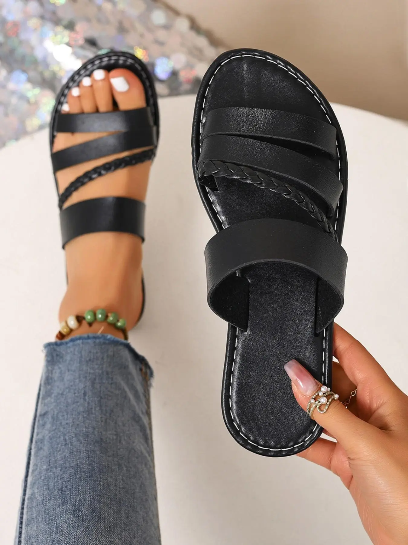 Women's Wide Strap Braided Flat Sandals, Open Toe Slip-On, Non-Slip Rubber Sole, Breathable Soft Insole, Boho Style, Summer Beach, Casual Walks