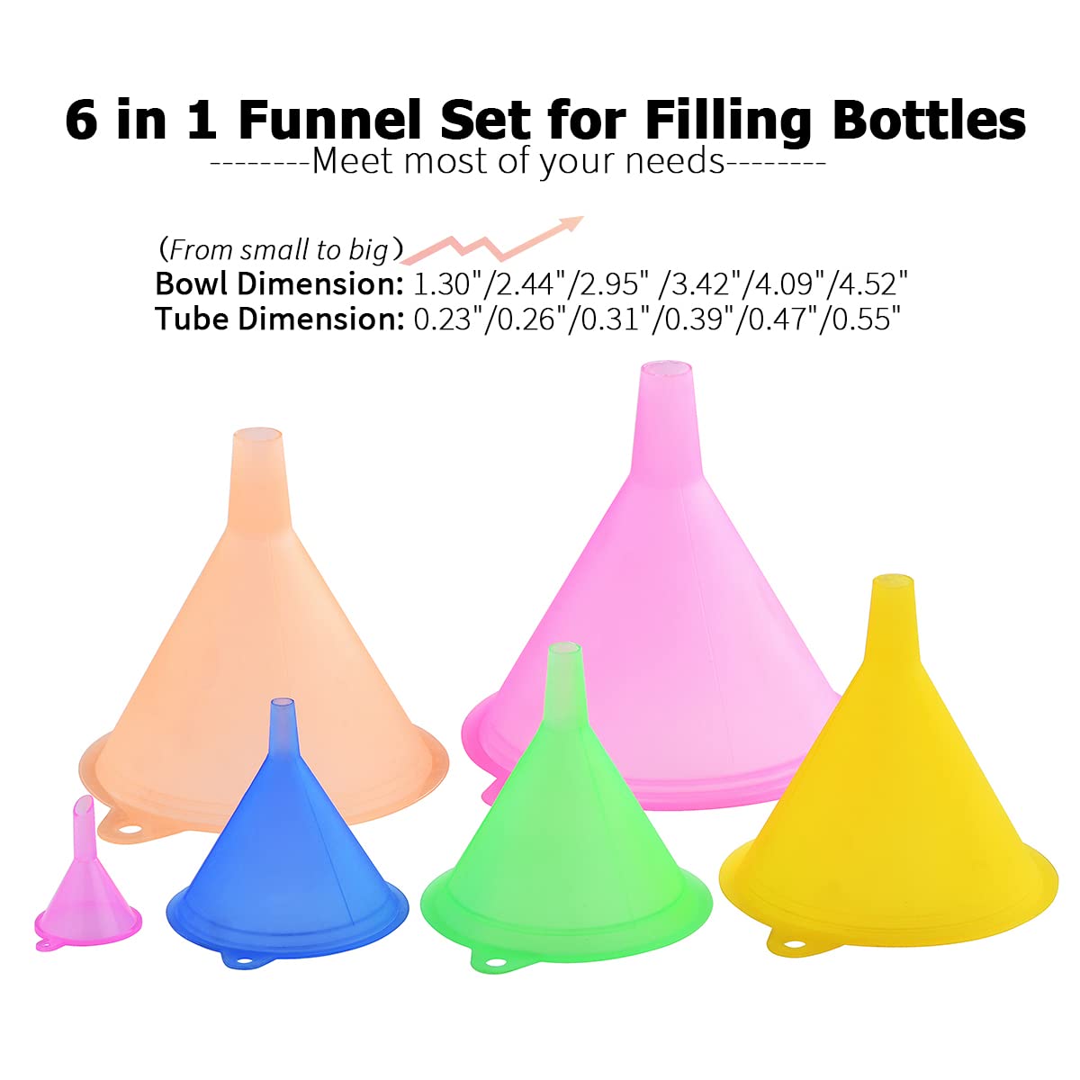 All-Purpose Plastic Funnel Set of 6, Food Grade & BPA Free, Mini/Small/Large Sizes Kitchen Funnels for Filling Bottles