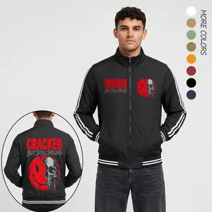 Men’s Cracked Smile Skull Graphic Print Lightweight Bomber Jacket – Dark Streetwear Flight Jacket with Split Face Horror Design, Full Zip Closure, Ribbed Hem & Stripe Sleeve Urban Casual Style