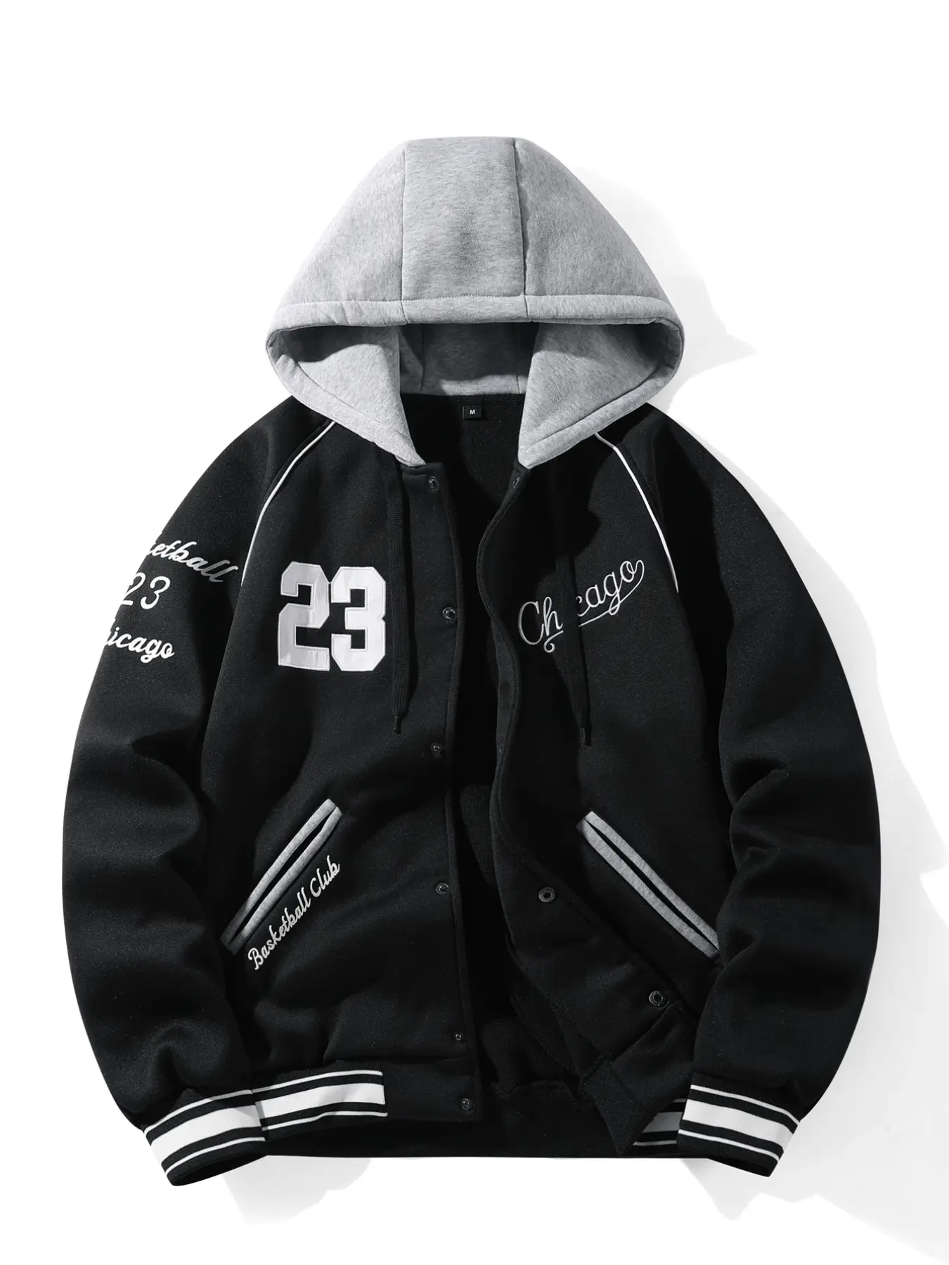 Color blocked hooded men's college baseball jacket, Chicago basketball club printed baseball jacket, multiple letter embroidered front button baseball jacket, trendy street top, suitable for campus street photography, daily casual wear for travel
