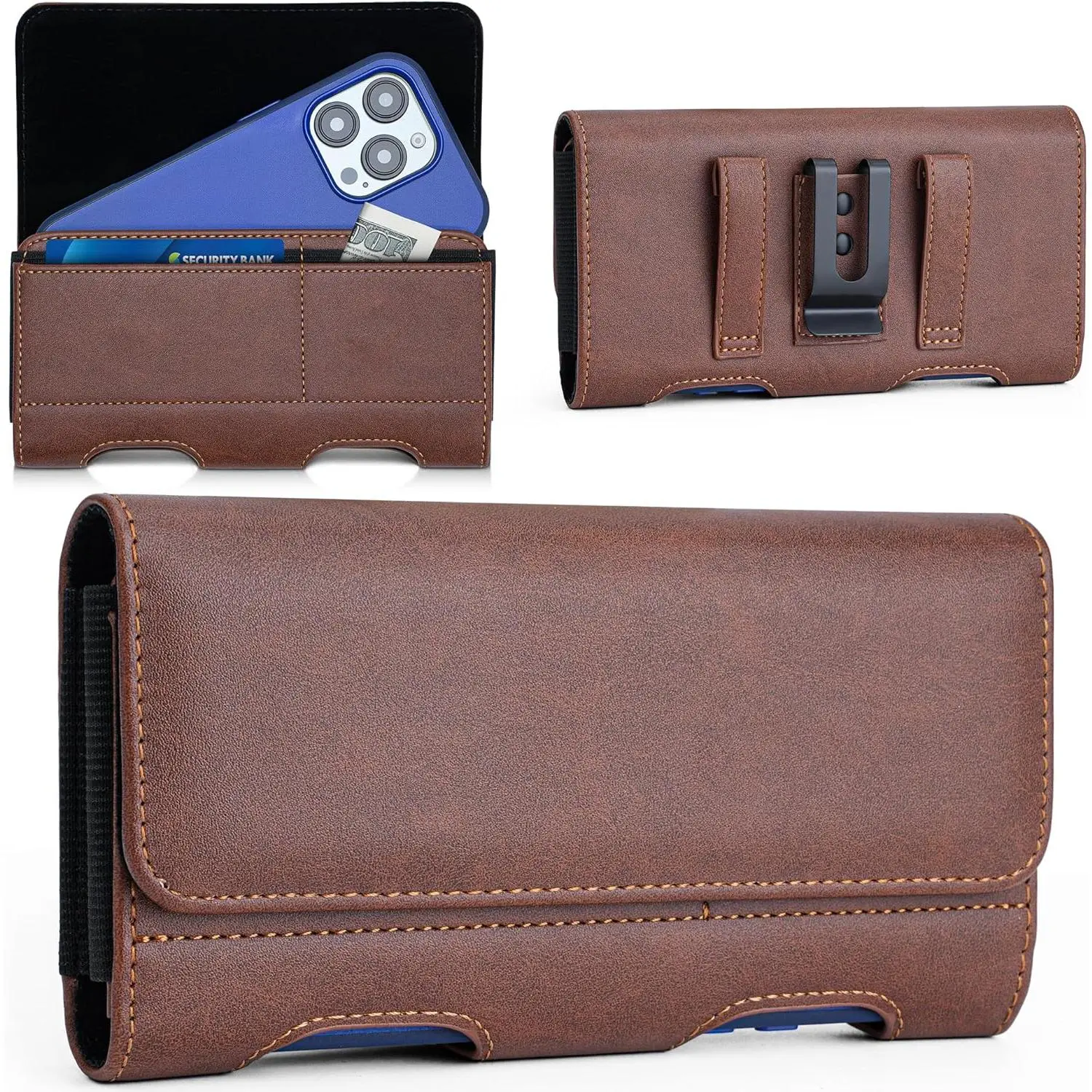 Leather Phone Holster with Heavy Duty Metal Belt Clip and Card Holder, Compatible with  13/12 Mini,  SE,  8/7/6S/6, and Galaxy S7/S6/S5 - Brown