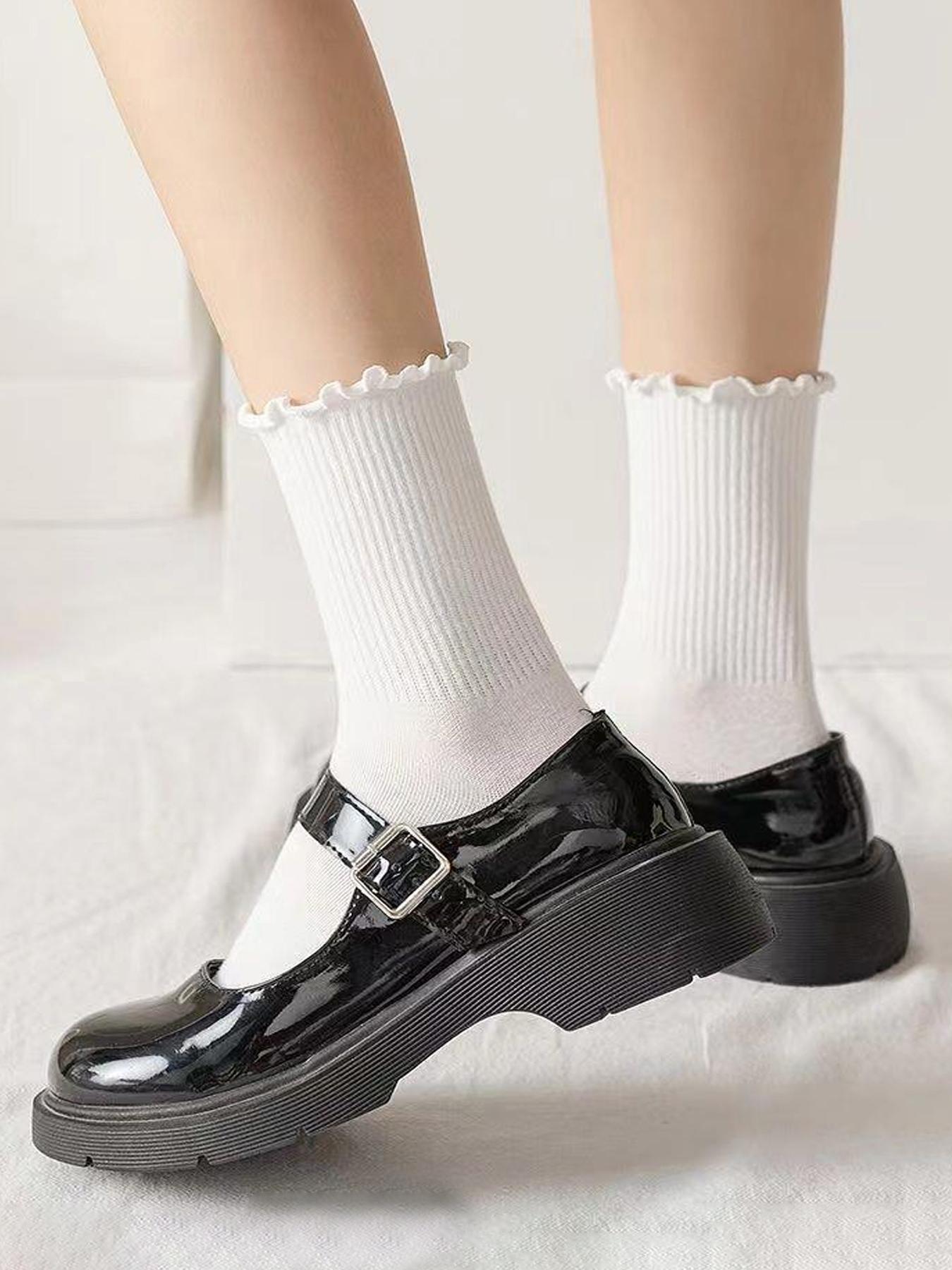 Women's Solid Lettuce Trim Crew Socks, Casual Comfy Breathable Socks for Daily Wear, Multipack Knit Socks for All Seasons