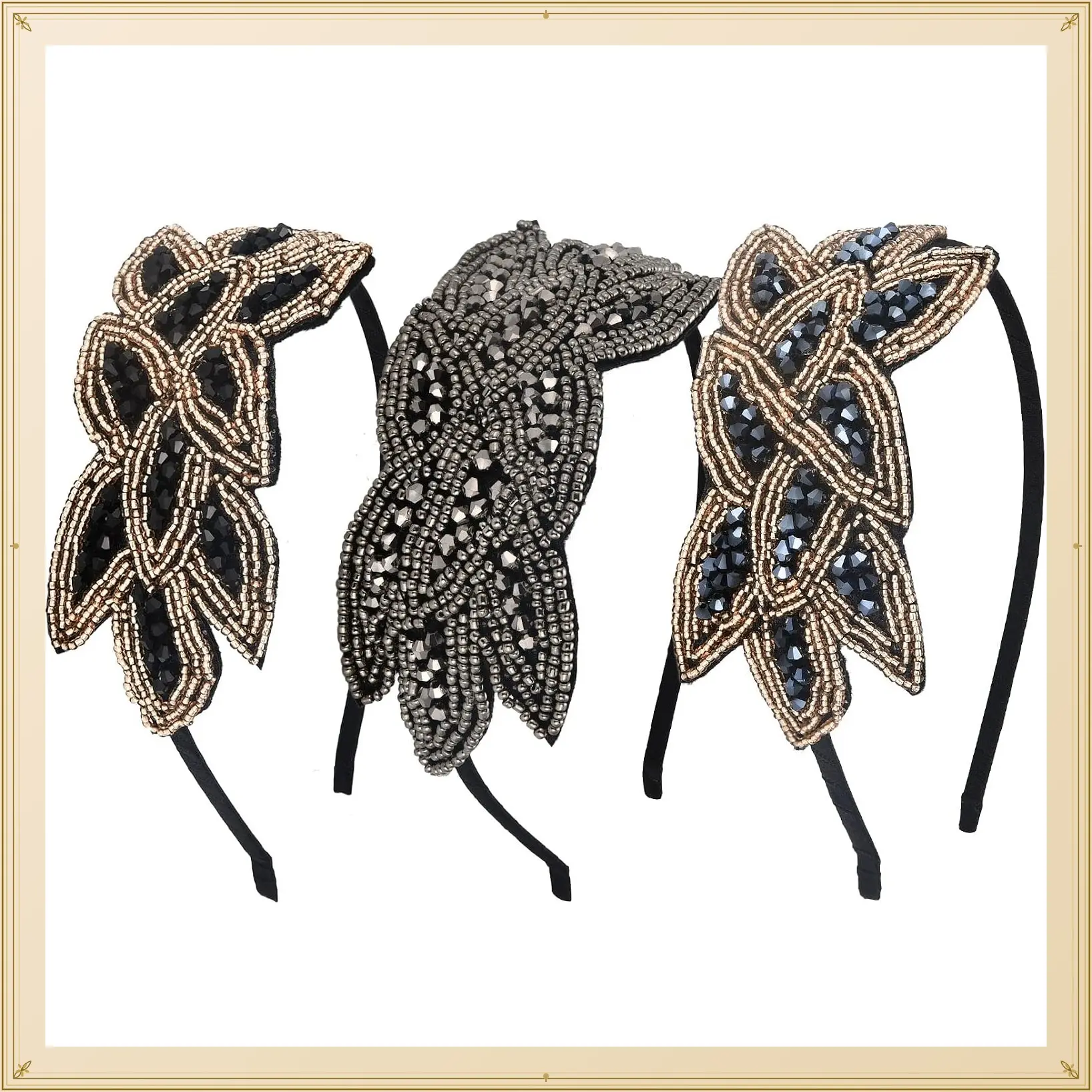3 Pcs 1920s Flapper Headbands for Women Vintage Headpiece Accessories | Rhinestone Beaded Leaf Art Deco Design for 20s Party, Lightweight Hairband for Halloween Costume Daily Decorative UseGift