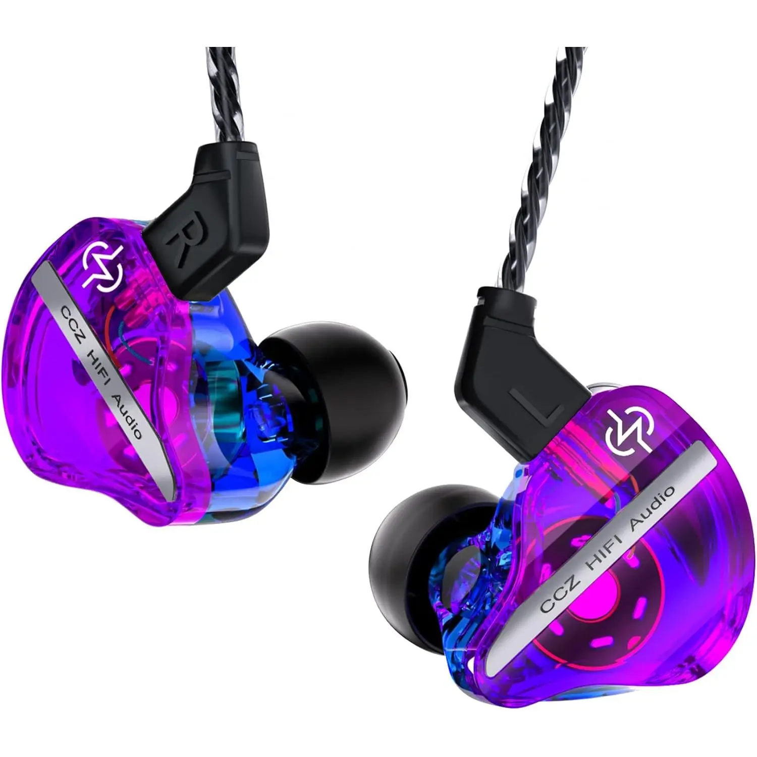 CCZ DC01 Pro Ear Monitor, iems for Gaming, Professional Gaming Earbuds Super Bass Wired Earphone Headphone with 1DD, Patent Ear fin, Ear tips,for Singer Musician Podcaster (Purple-Blue without mic)