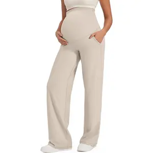 Maternity Pants Over the Belly Yoga Dress Work Stretchy Lounge Pregnancy Wide Leg Trousers with Pockets