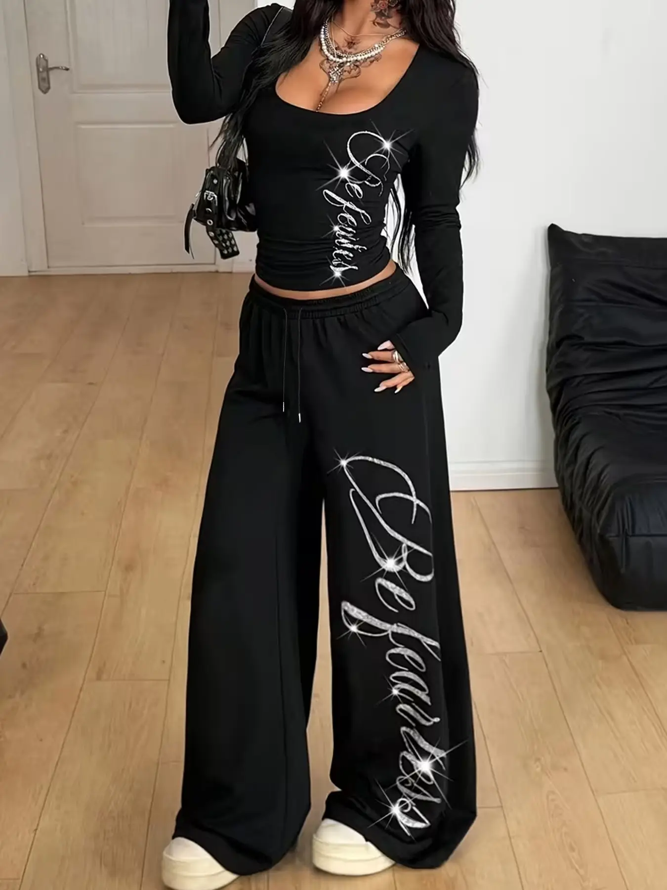 Women French Minimal Lazy Two Piece Matching Outfit Soft Light Knit Solid Coffee Base Even Cream Thin Horizontal Stripes Crew Neck Oversized Drop Shoulder Short Sleeve High Elastic Waist Wide Leg Floor Length Pant Co-ord Set For Cafe Travel Street Daily H