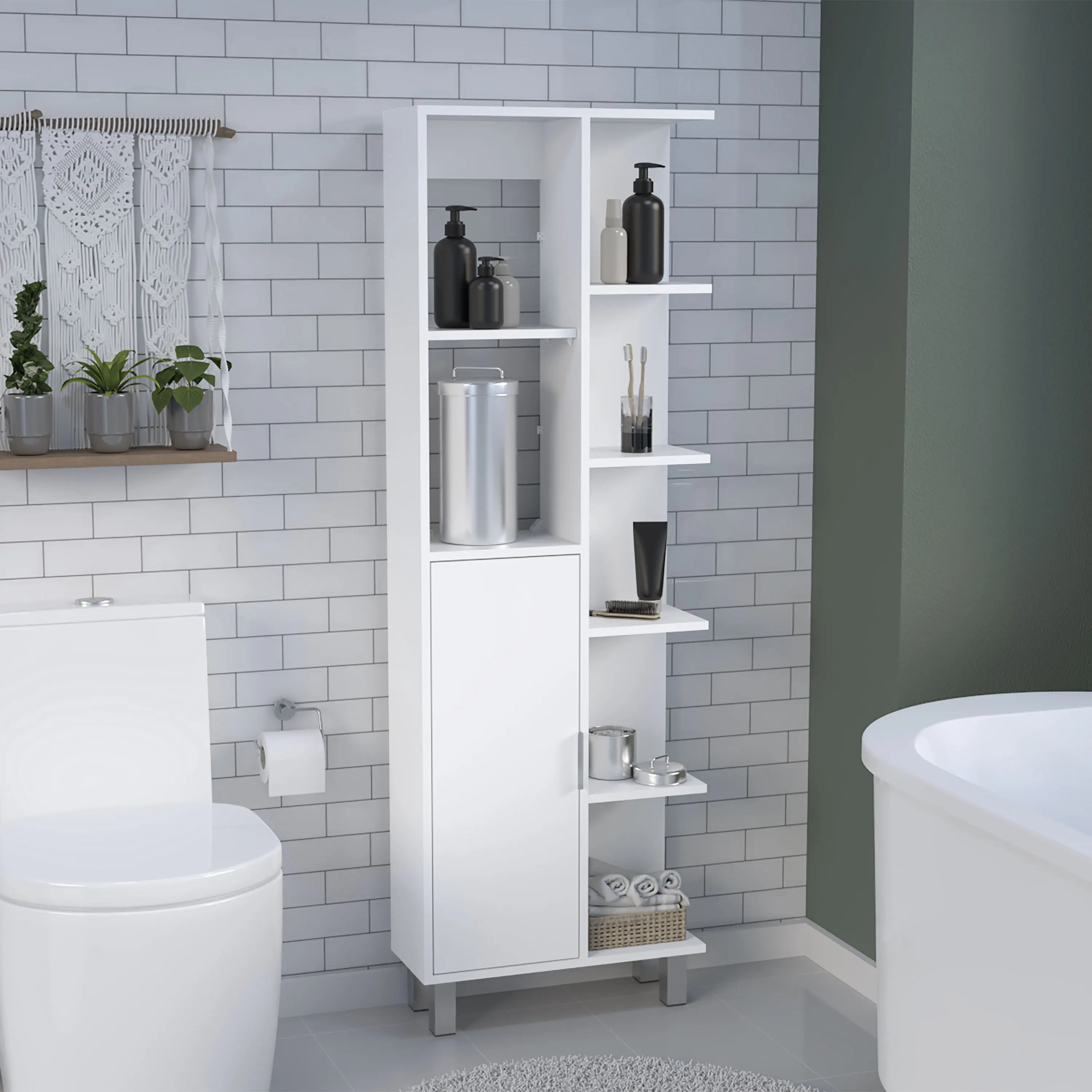 Nokaa 63" Tall Bathroom Floor Cabinet with 7 Open Shelves and 1 Drawer, White Linen Storage Cabinet for Bathroom, Freestanding Tall Cabinet with 4 Legs, Particle Board & Pine, Compact 20.9"W x 8.3"D, Bathroom Organization, Single Box
