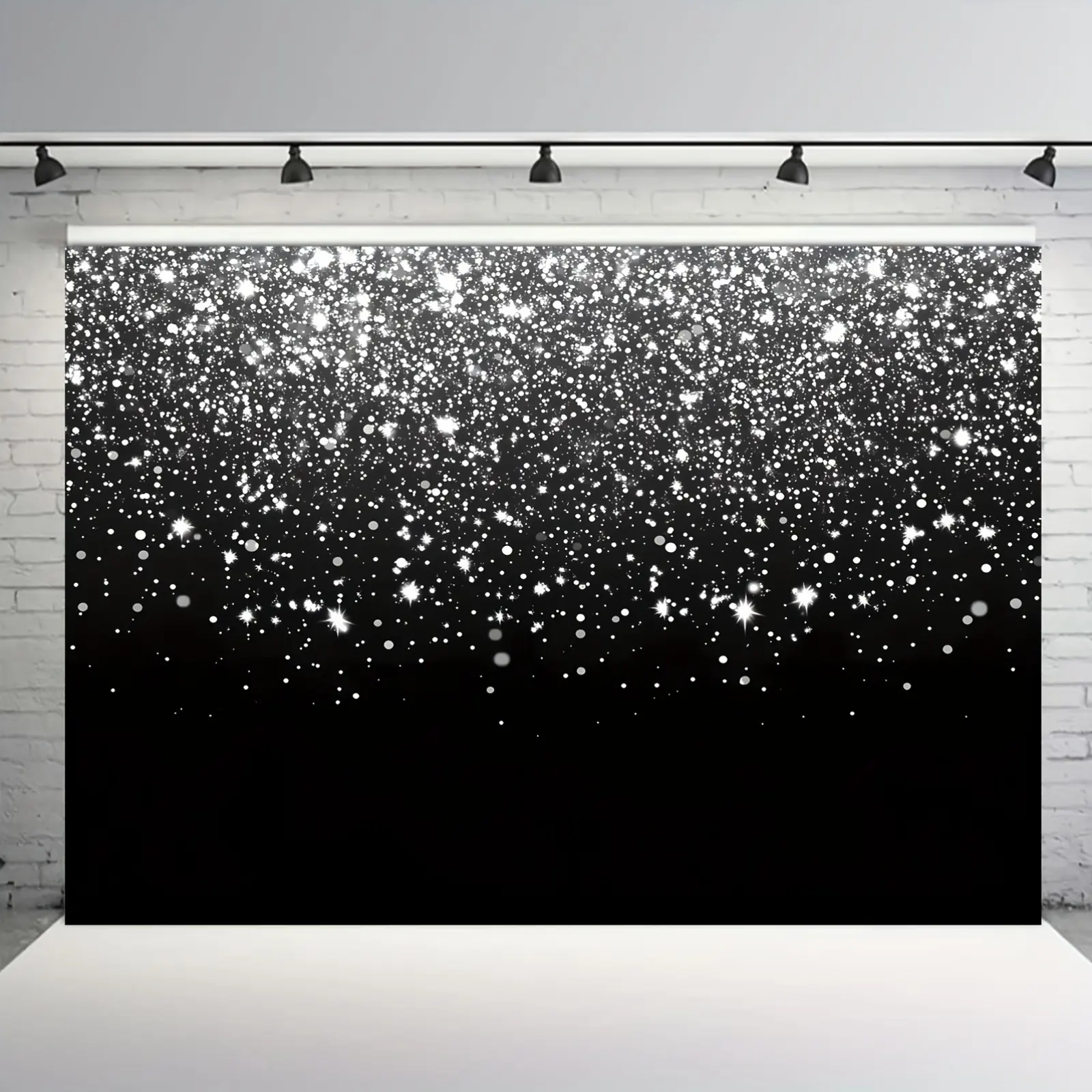 2D Falt a Black And Silver Glittery Snow-Themed Backdrop for Photo Booths, Made of Polyester, Measuring 8X8 Feet, Requires No, Ideal for Celebrations Like Graduations, Birthdays, Christmas, New Year, Bachelorette Parties, Weddings, And Prom Decorations
