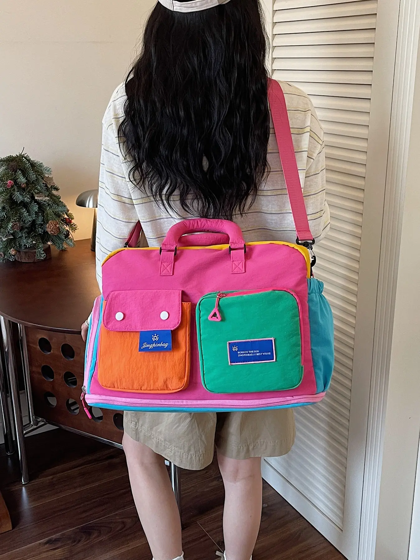 Vibrant Colorblock Canvas Travel Bag, Dual-Layer Multi-Pocket Storage, Wide Thick Handle, Detachable Adjustable Strap, Waterproof Large Capacity