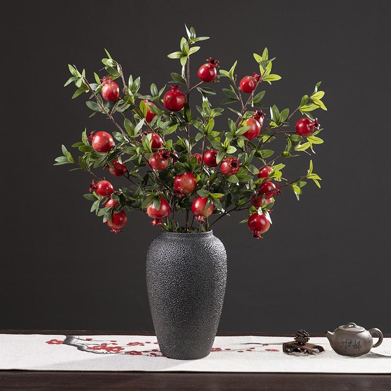 Artificial flower 6-headed pomegranate branch with pomegranate fruit ornament for housewarming, New Year's decoration, home living room floor decoration