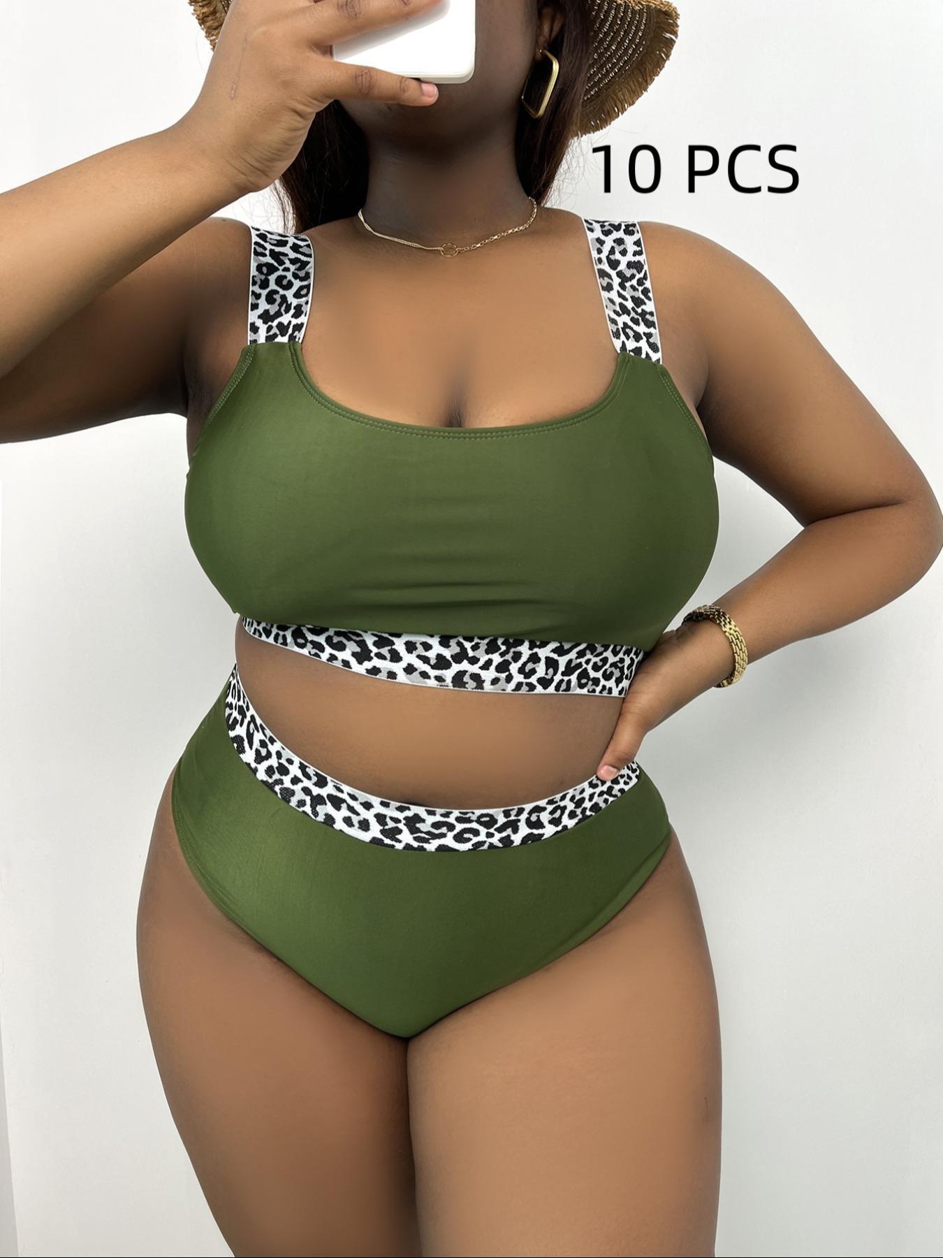 Plus Leopard Patchwork Print Tape Waist Swimsuit, Summer Clothes Women, Women's Casual Comfy Breathable High Stretch Swimwear for Summer, Swim Tankini Tops, High Rise Swimwear