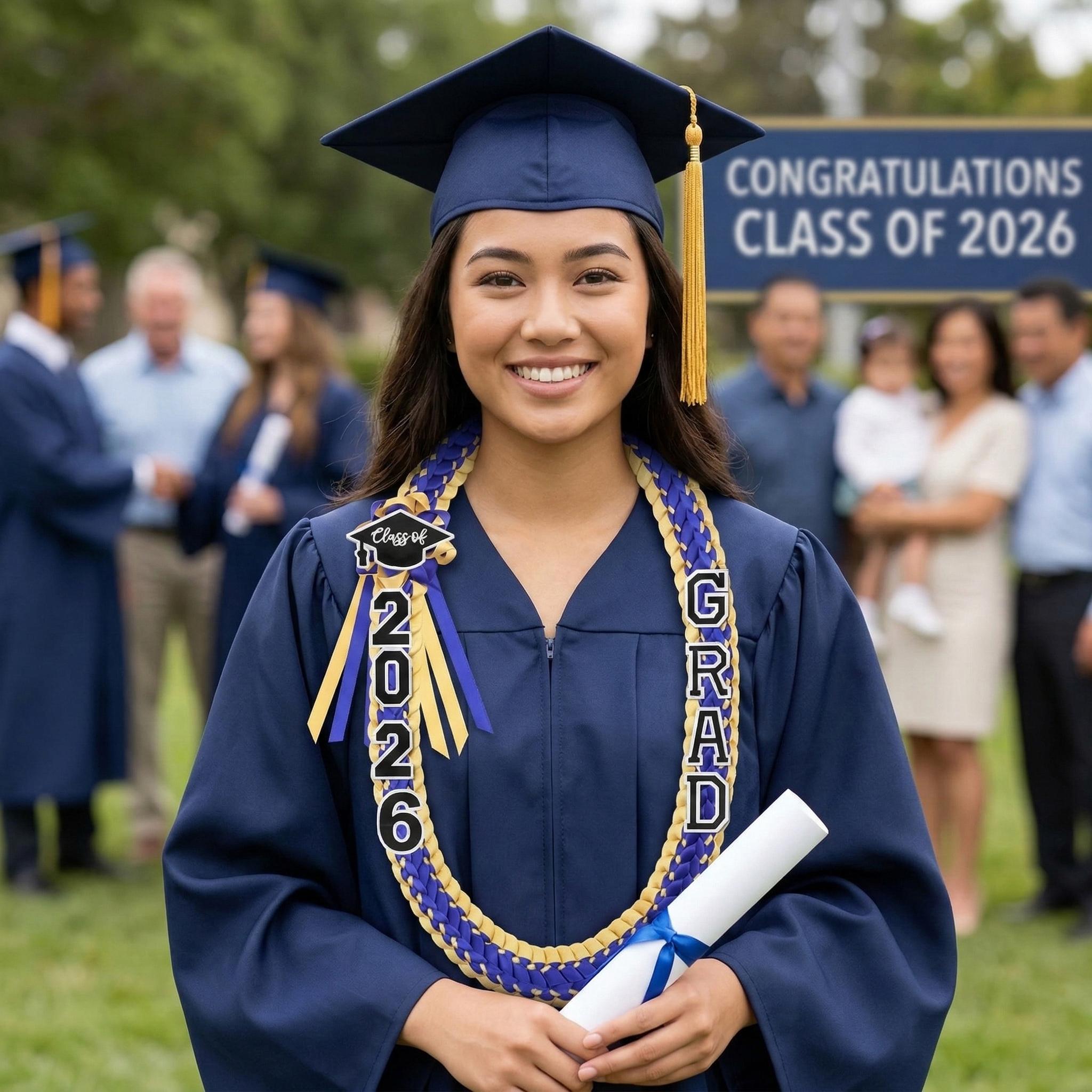 2026 Graduation Leis for Him Her, Hand Woven Blue Braided Ribbon Lei With GRAD Letters And Cap Charm, Adjustable Graduation Money Lei Equipped With Safety Pins, Premium Grad Party Favors Decor For Class of 2026 Graduation Ceremony Celebration Gifts