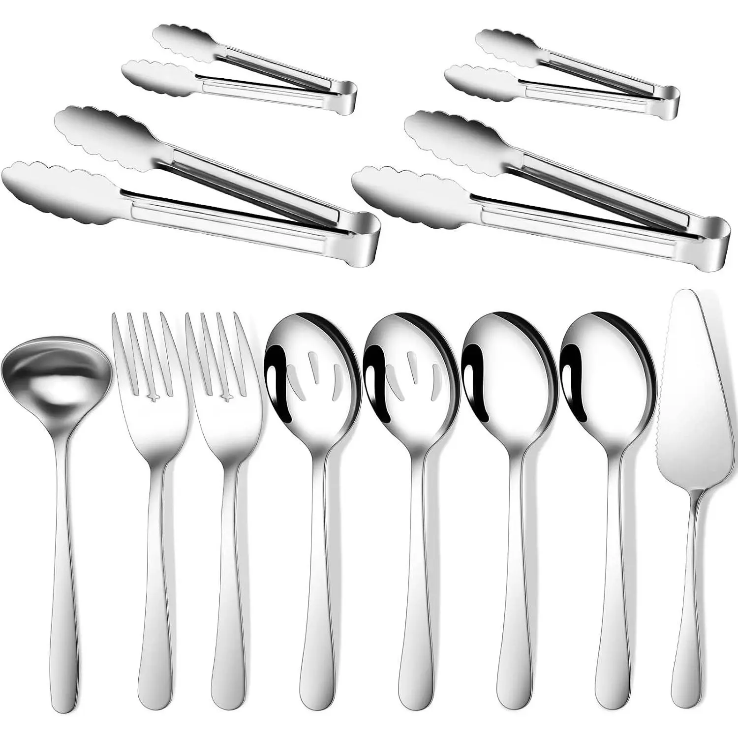 Stainless Steel Modern 12-Serving Buffet Cutlery Set - Large Spoons, Forks, Slotted Tongs, Ladle, Cake Server, Appetizer Tongs, Rustproof, Dishwasher Safe for Catering