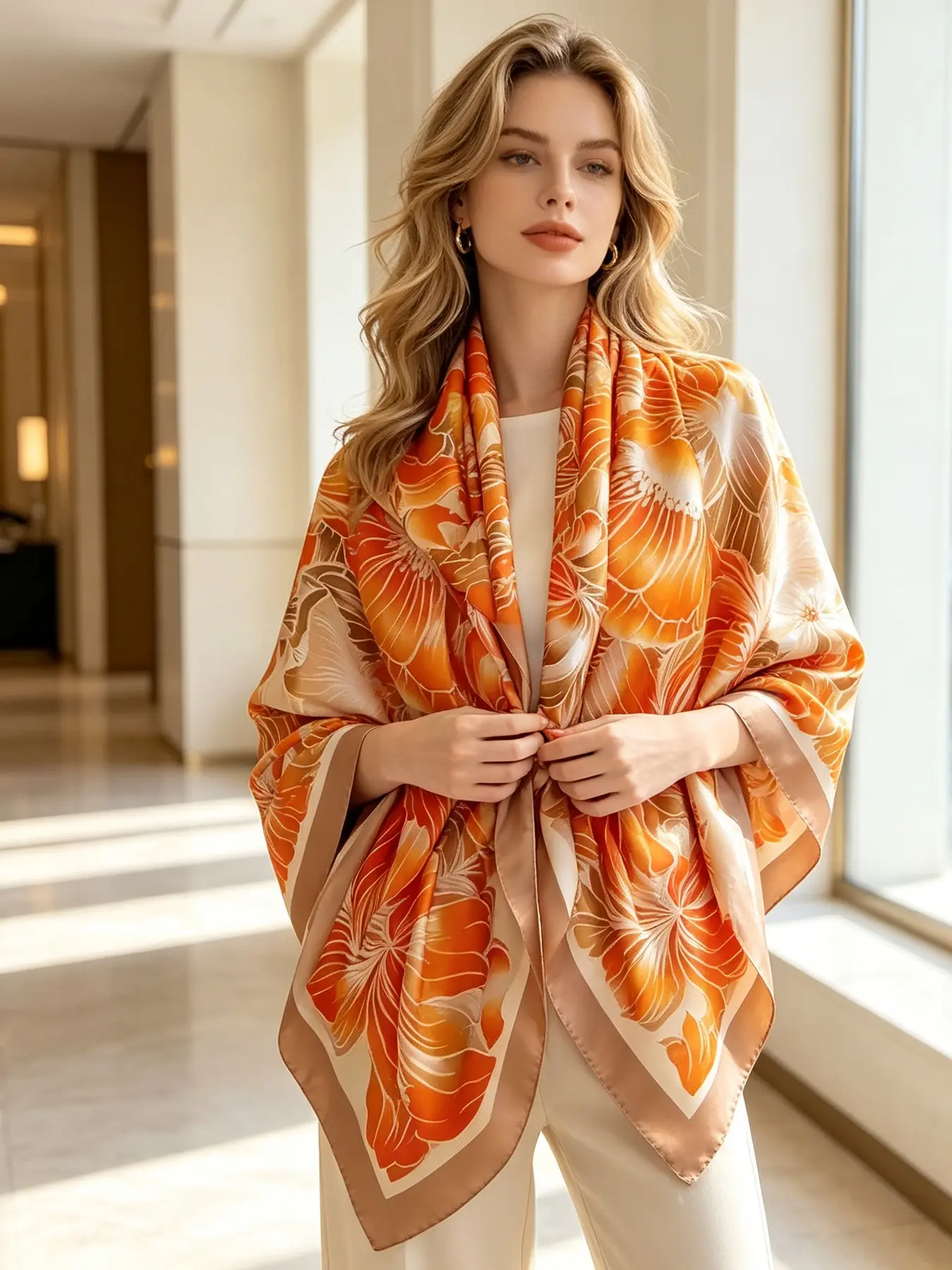 Blue Abstract Art Satin Shawl, Elegant Floral Pattern, Loose-Fitting Silk Scarf, All Seasons Accessory, Made in China