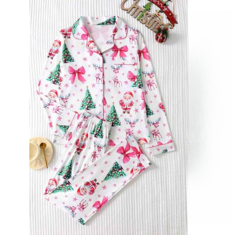 2-Piece Set for Women Christmas Print Button Front Pocket Shirt and Elastic Waist Pants Pajamas, Casual Comfortable Long Sleeve Stand Collar Top and Long Pants Pajamas Set 2-Piece Set for Women Christmas Print Button Front Pocket Shirt and Elastic Waist Pants Pajamas, Casual Comfortable Long Sleeve Stand Collar Top and Long Pants Pajamas Set
