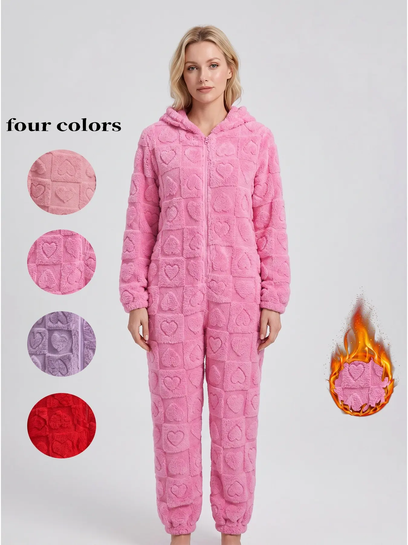 Women's Plaid Heart Pressed Coral Fleece One-Piece Pajamas, Cute Ears Hoodie, Zipper Front, Pocketed, Cozy Lounge Wear for Fall Winter