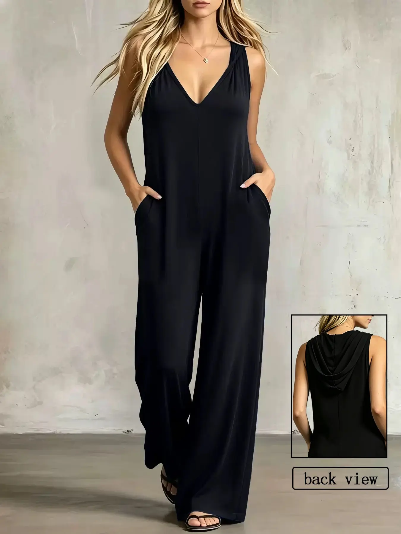 A0578 Trendy Hooded Sleepwear Set, Soft V-Neck Lounge Pants, Sleeveless Wide-Leg Casual Pajamas, Practical Side Pocket Design