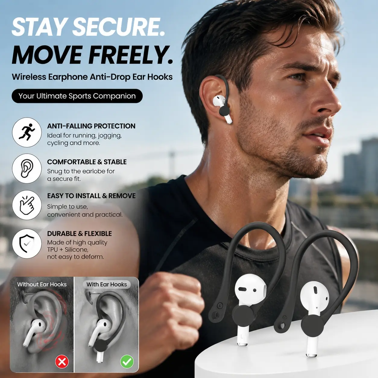 Secure Fit Ear Hooks for AirPods 1/2: Anti-Slip Silicone Ear Tips, Workout Ear Wings for Wireless Earbuds, Mini Sport Ear Covers to Prevent Falling