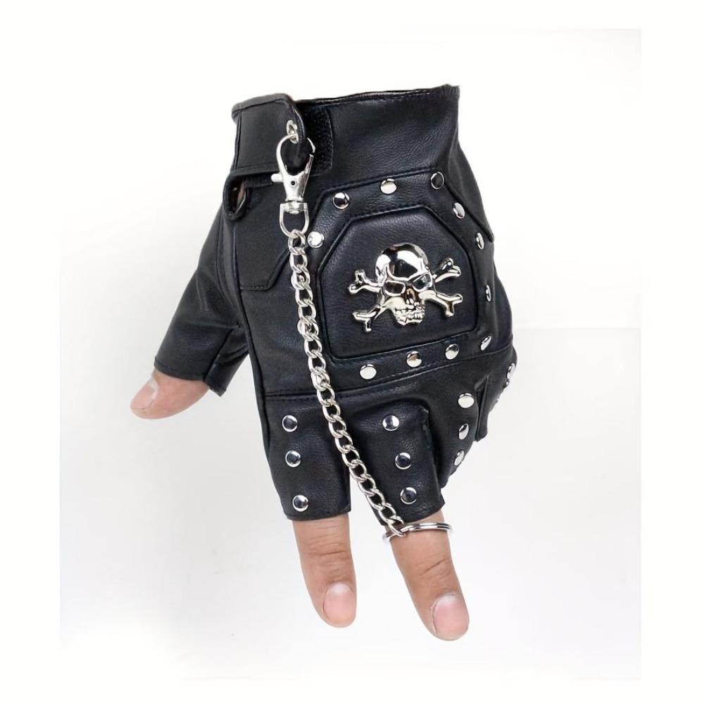 Men's Skull Half Finger Leather Gloves, Punk Rivet Chain Design, Anti-Slip Outdoor Sports & Motorcycle Riding Gloves, Novelty Pirate Style Performance Gloves