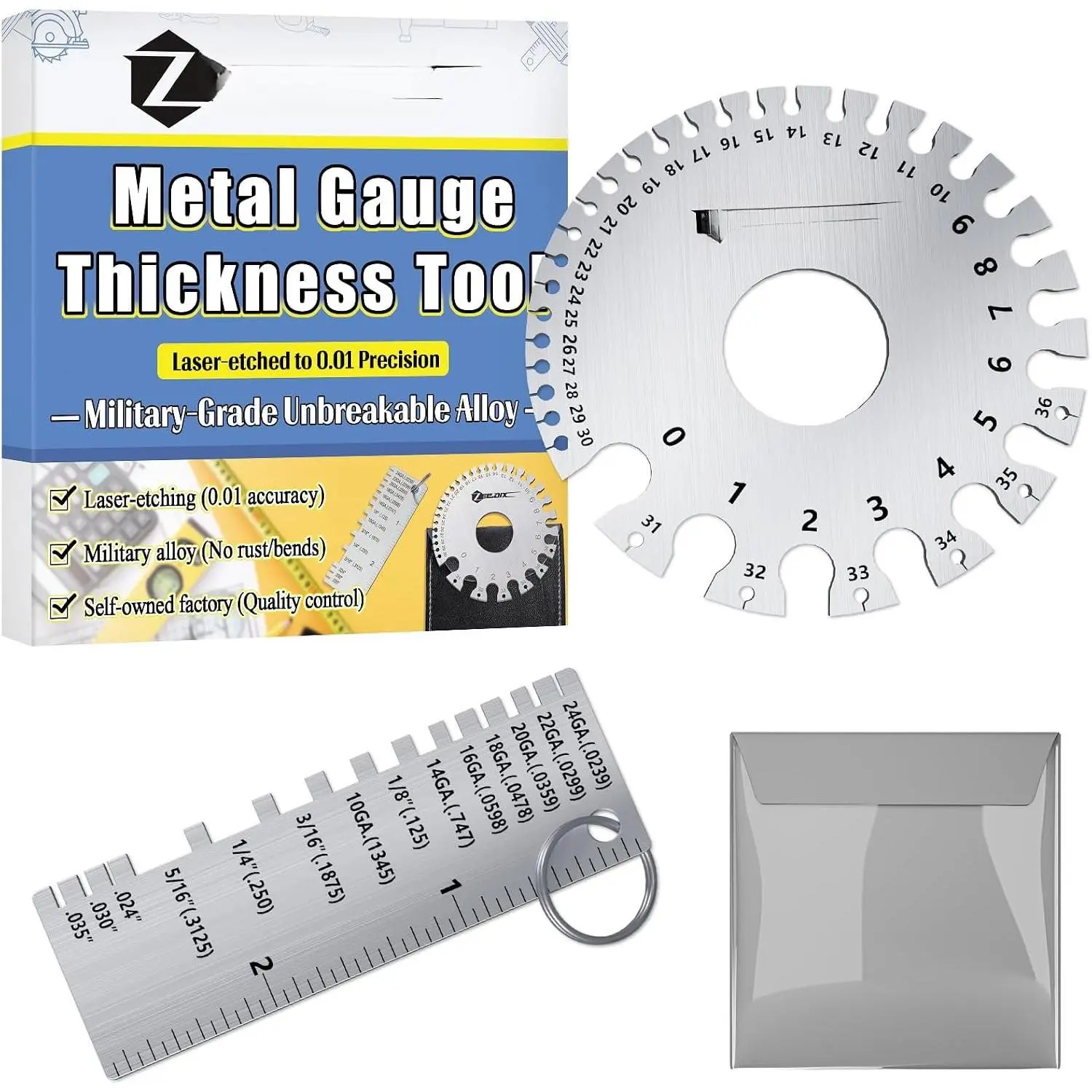 Wire Gauge Measuring Tool (2 Pcs) - Round  Sided Metal Sheet Gage & Metal Sheet Thickness Gauge, Stainless Sheet Wire Size Chart & Welding Measurement Tool
