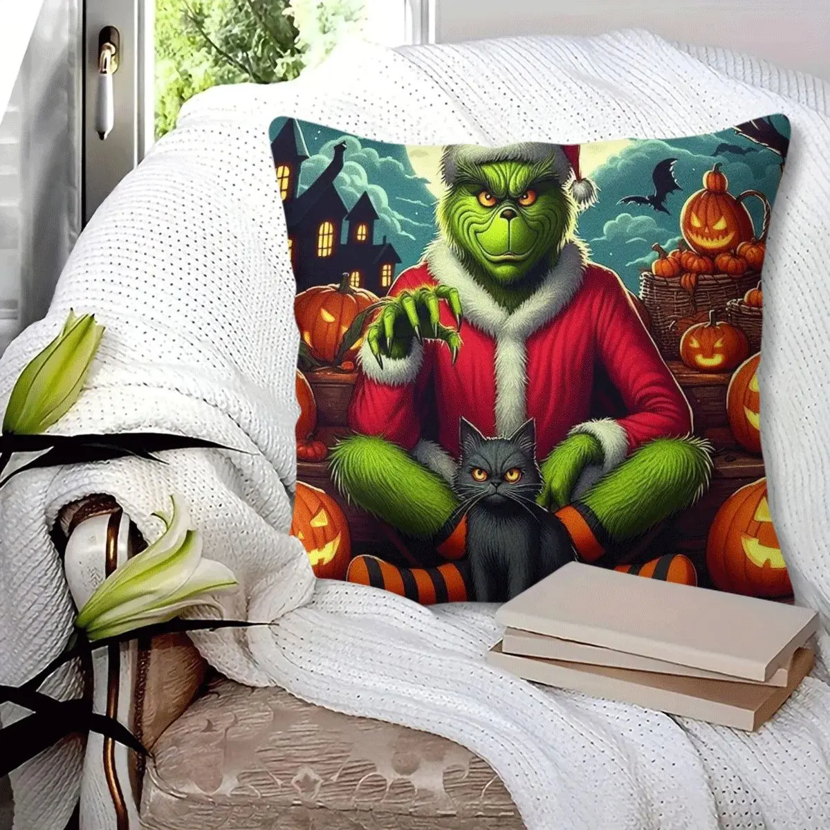 45x45cm 1Pc, Grinch Themed Halloween Christmas Cushion Pillow, spooky jack-o'-lantern bat print, soft durable cozy, perfect for sofa, bed, living room bedroom decor, ideal small holiday home gift, includes pillow filling