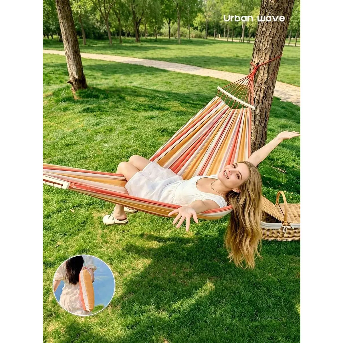 Cotton Hammock Portable Camping Hammocks for Hanging Sturdy Garden Comfortable Fabric Hammock with Tree Straps Up to 660lbs with Travel Bag for Camping Outdoor/Indoor Patio Backyard, Outdoor Relaxation