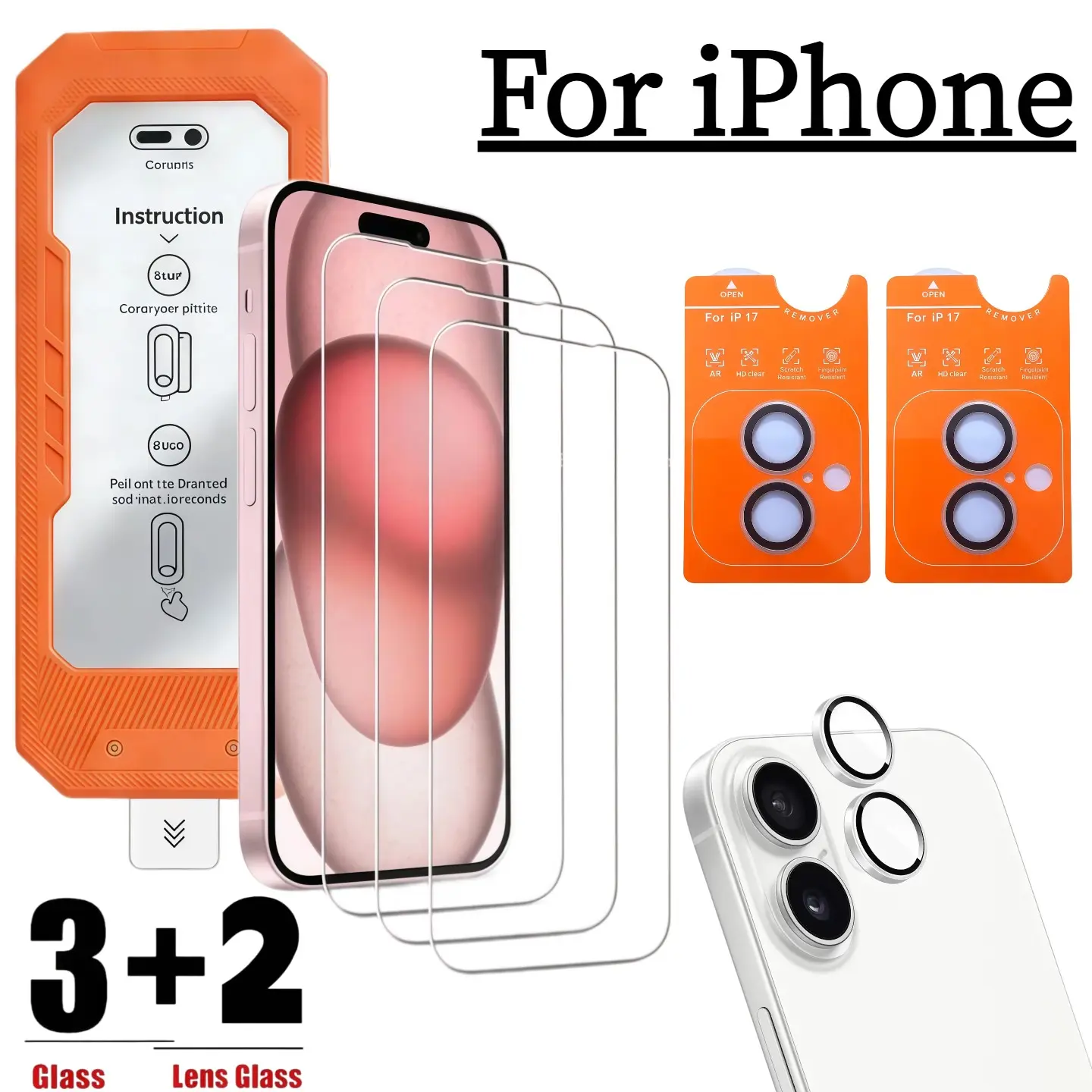 3+2 Pack iPhone Screen Protector & Camera Lens Film, 9h Hardness, Bubble-Free, Easy Install, Scratch-Resistant, Compatible with iPhone 17