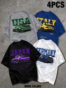 4-Piece Short Sleeve Set, Streetwear for Car Enthusiasts, Japan Germany Italy Usa Race Car Print, Breathable Fabric, Unisex