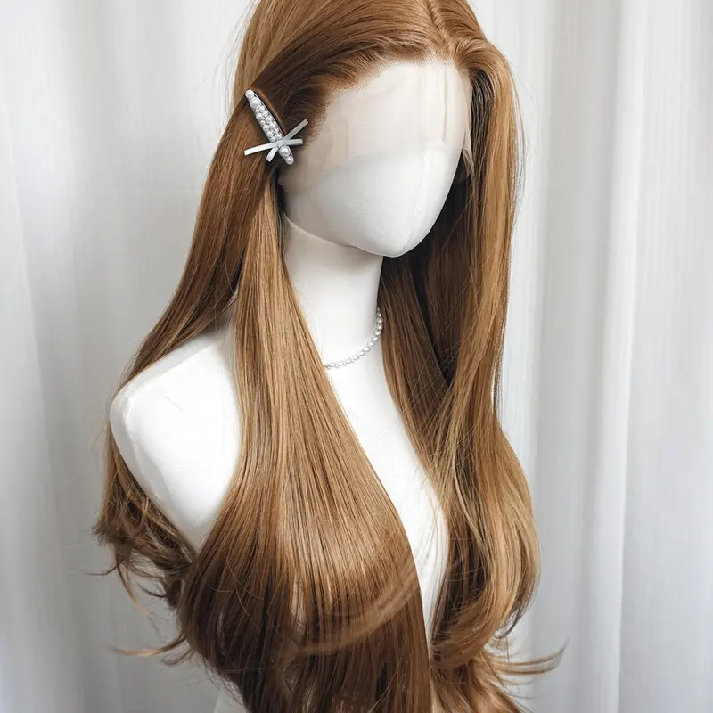 13×4 Synthetic Lace Wig Ginger Brown 28inch Long Straight Nature Glueless Lace Wig for Women Heat Resistant Fiber Cosplay Party Artificial Wig
