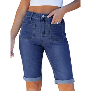 Jean Bermuda Shorts for Women High Waisted Patch Pocket Knee Length Fold Hem Casual Stretchy Denim Long Shorts