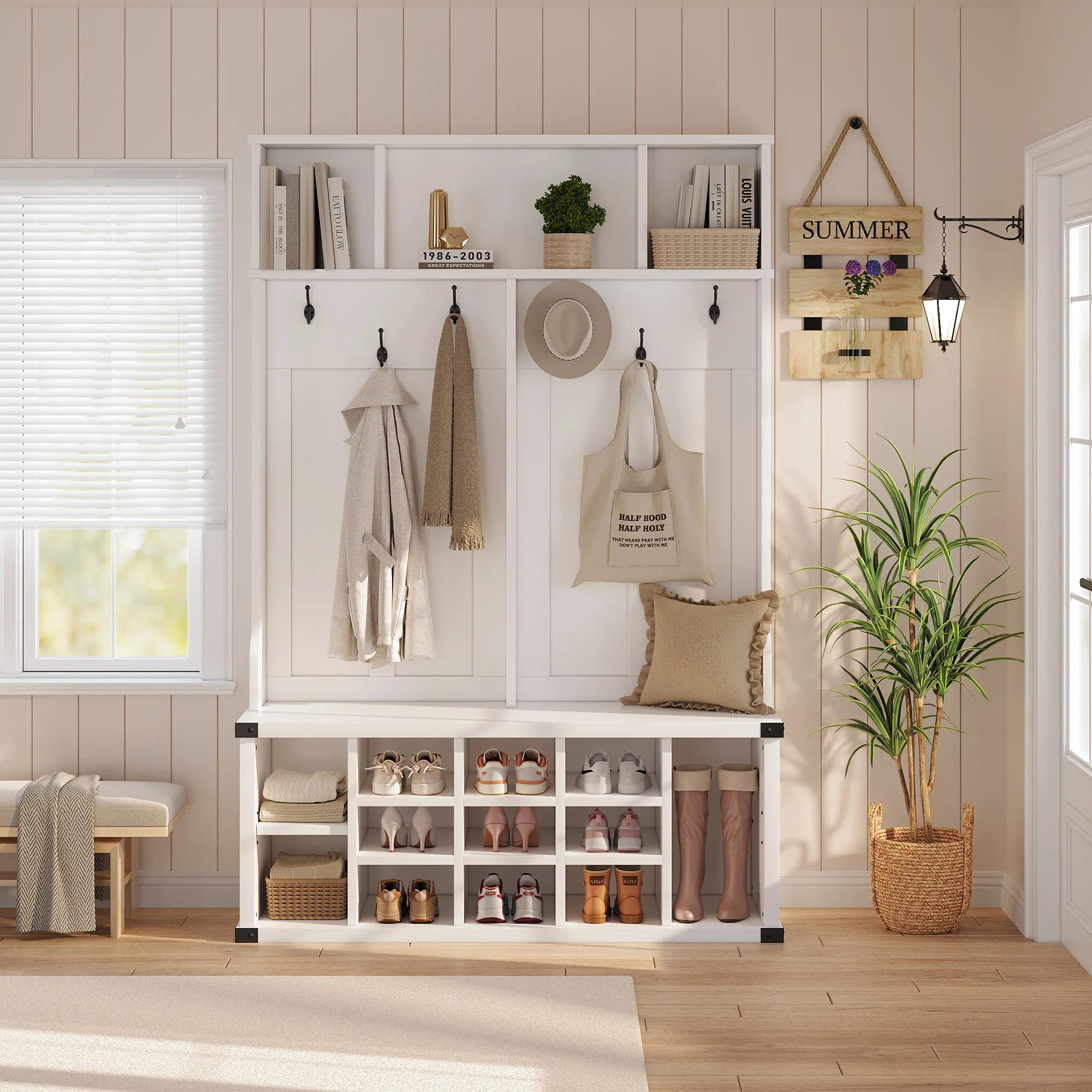 Extra-Large White Farmhouse Style Home Hall Tree with Bench, 12 Cubbies, Adjustable Shelves, 5 Double Hooks, Shoe Storage, MDF-PB Board Multi-Function Entryway Organizer for Hallway, Mudroom