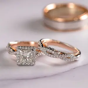 Loveden Luxurious Multi-Color Princess Cut Zirconia Copper Couple Ring Set