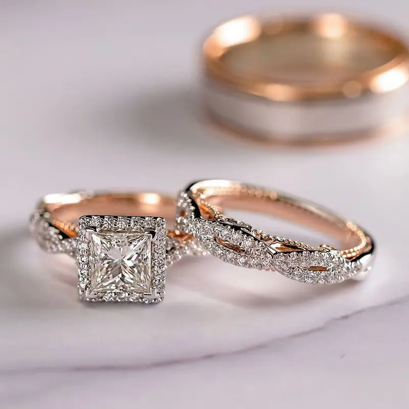 Loveden Luxurious Multi-Color Princess Cut Zirconia Copper Couple Ring Set