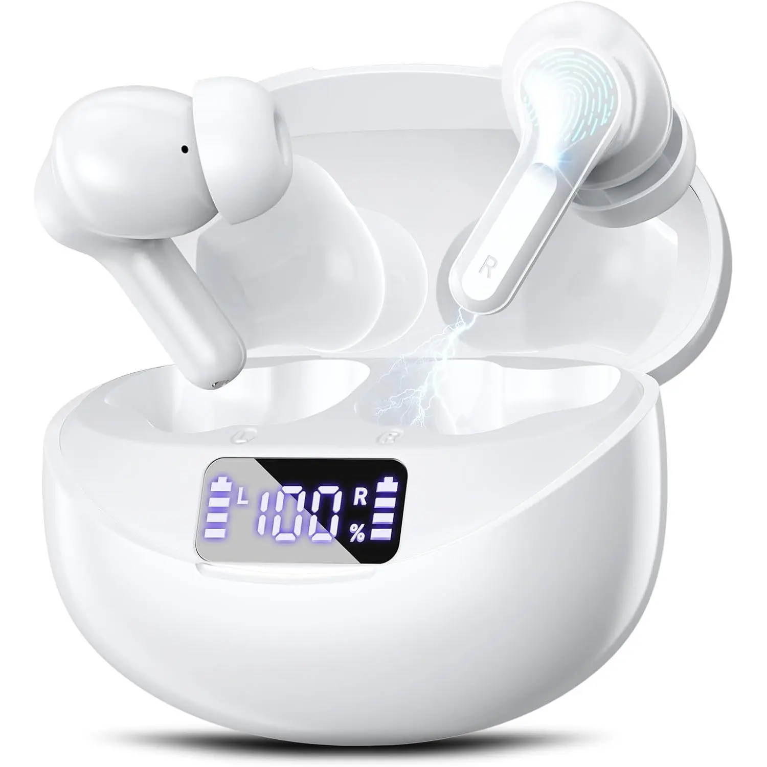 Wireless Earbuds, Bluetooth 5.4 HiFi Stereo Headphones with Noise Cancelling Mic, 50H Playback in Ear Buds with LED Digital Display, IPX7 Waterproof Earphones for Office/Running/Workout White