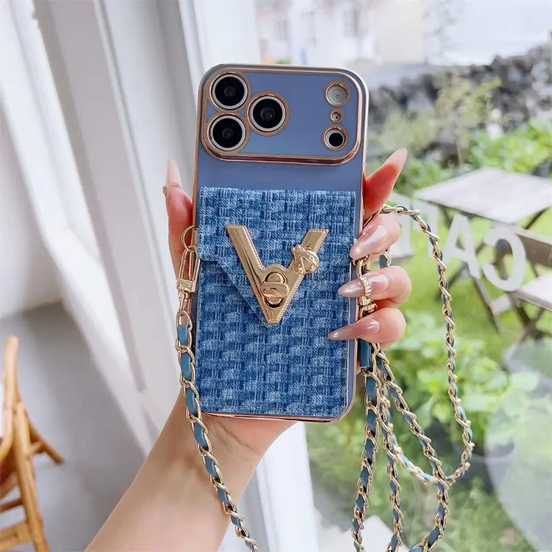 Trendy Quilted Card Holder Phone Case For iPhone 17 16 15 14 13 12 Pro Max Plus with Crossbody Chain Protective Cover
