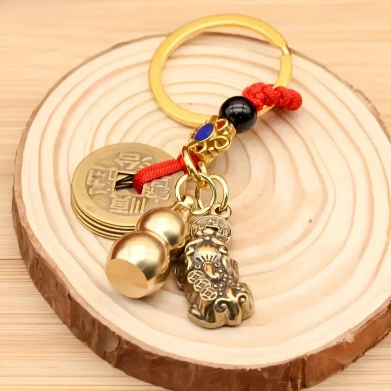 Pixiu Gourd Brass Keychain, Wealth Attracting Coin Key Ring, Car Key Accessory, Lucky Blessing Gift for Men Women, good luck gift.