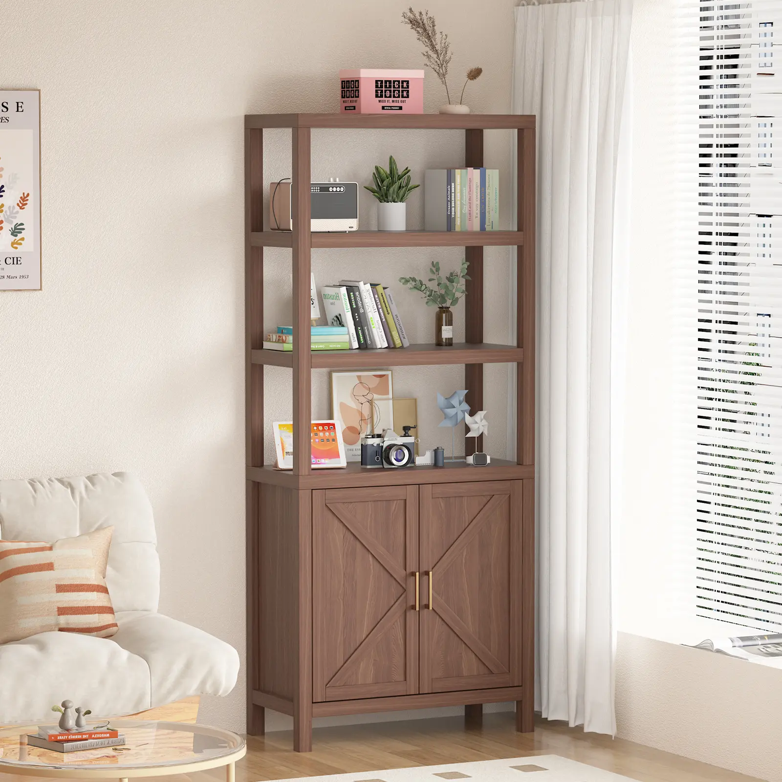 GARVEE Farmhouse 71" Tall 5-Tier Oak Bookcase - X-Patterned Door Cabinet, Adjustable Shelves, Durable Freestanding Wooden Shelf, Classic Oak Grain Elegance, Assembly Required, Ideal for Home Office, Living Room