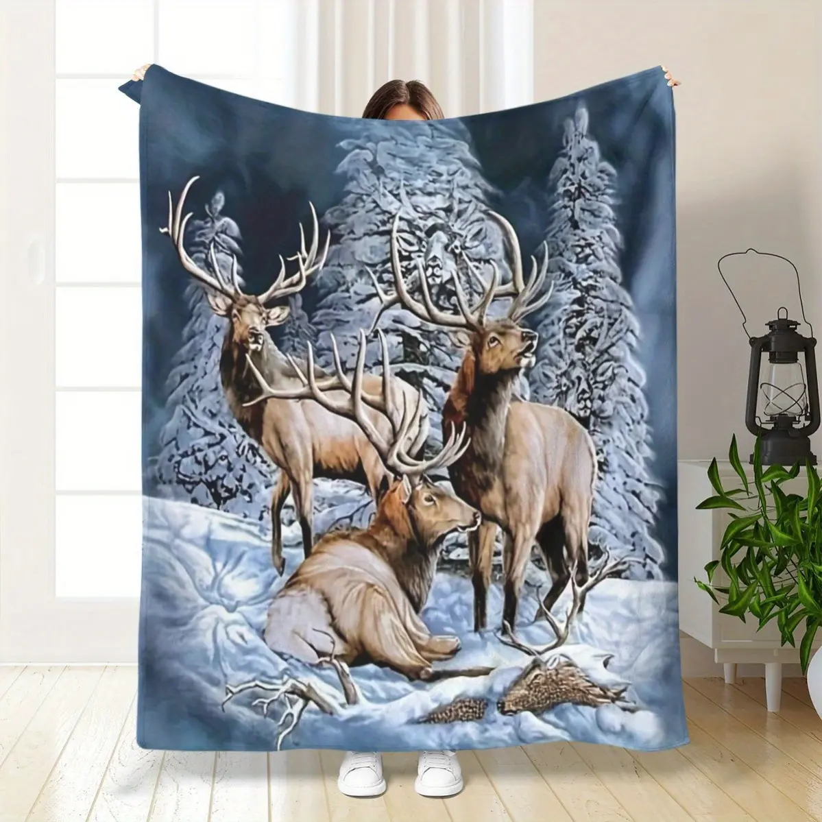 Vintage Deer & Snowy Forest Print Flannel Blanket - Ultra Soft Cozy Fleece Throw Blanket, All Season Lightweight Warm Sofa Bed Couch Travel Camping Home Decor Aesthetic Living Room Blanket, Machine Washable Gift for Family Nature Cabin Style
