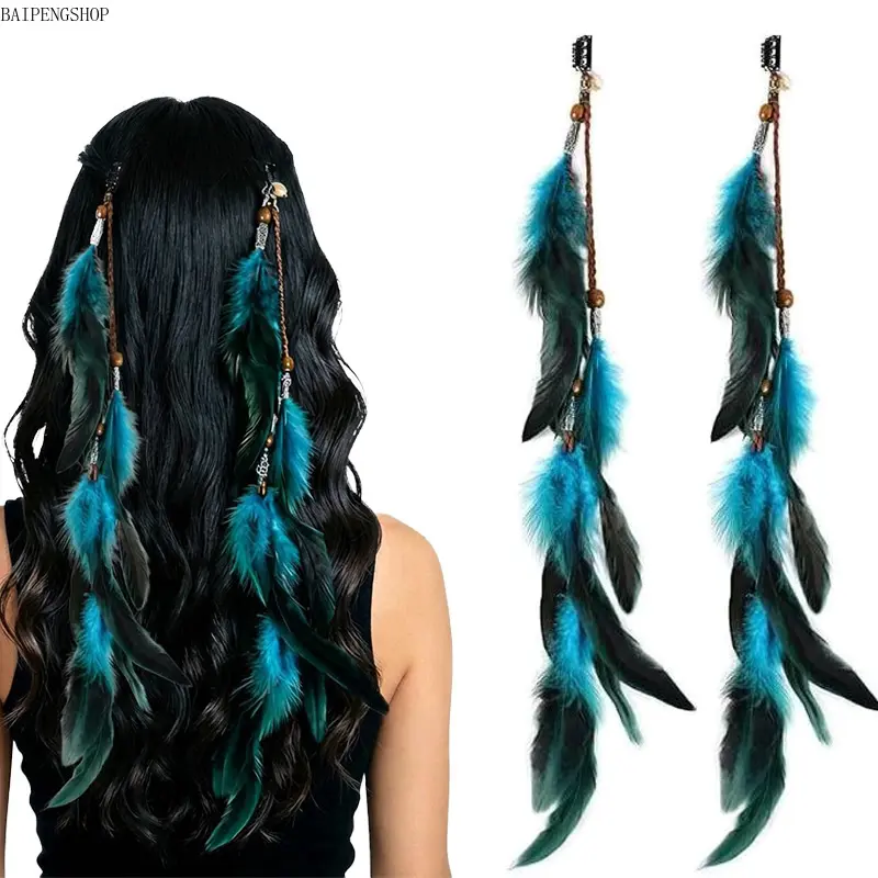 2-Pack Bohemian Natural Feather Hair Barrettes, Retro Ethnic Wooden Bead Tassel Hair Clips, Hippie Long Pendant Hair Pins, Fashion Hair Accessories for Beach Vacation, Music Festival and Cosplay Outfits