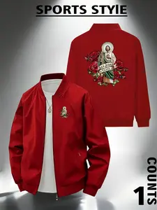 Men's Casual Stand Collar Jacket, Rose and Street Religion Print, Zipper Design, All Season Outerwear, Fitted Style