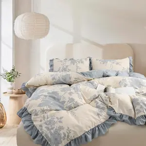 3 count Floral Comforter Set,  Botanical Print Bedding Set, Farmhouse Lightweight Cottagecore Bed in a Bag with Ruffle  Comforter (Blue, )