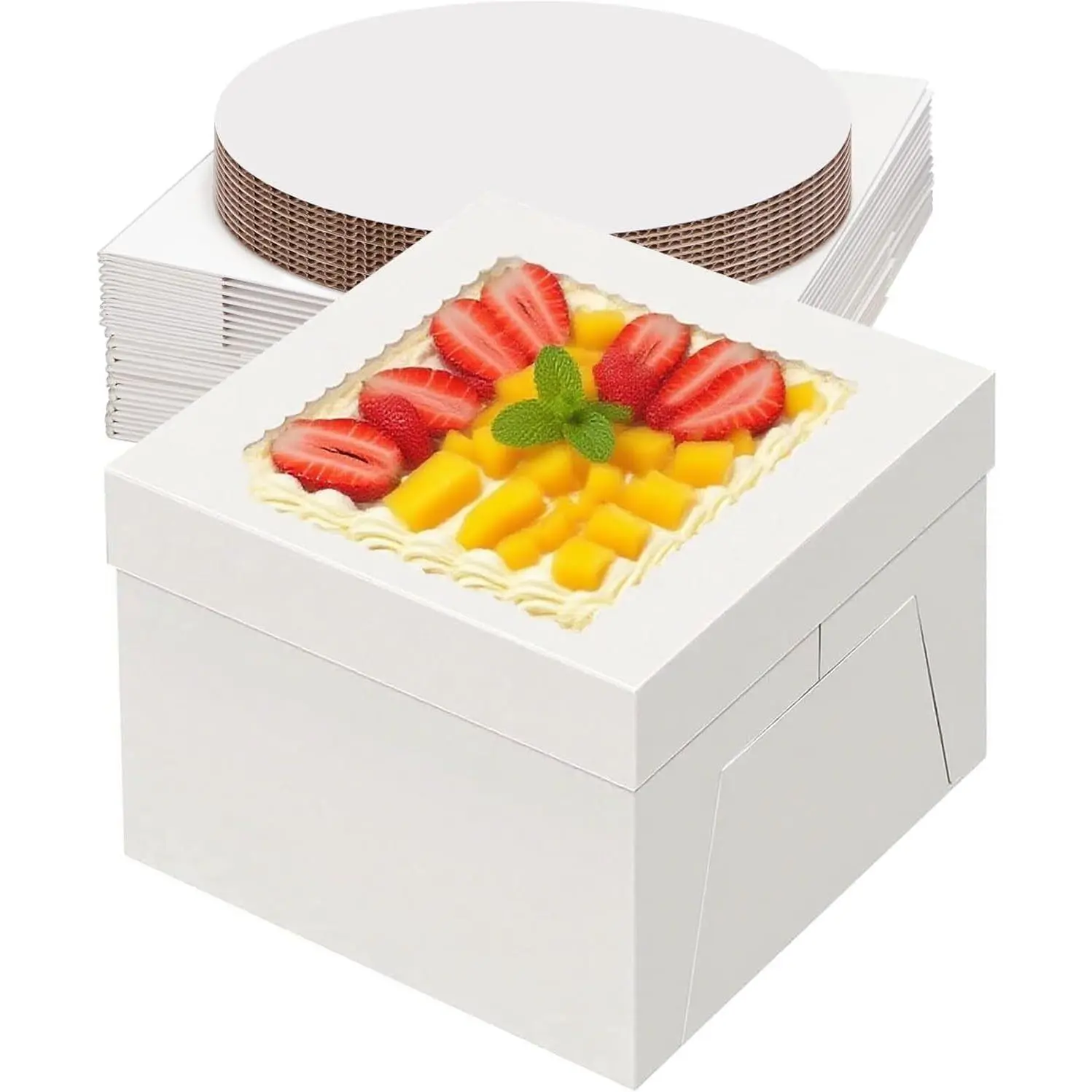 20 Packs Cake Box 12 inch with Cake Board and Clear Windows (10 Pcs Box + 10 count Board) Disposable Cake Containers Bakery Take Out Container Cake Carrier for Cookies Pies (12x12x8inch)