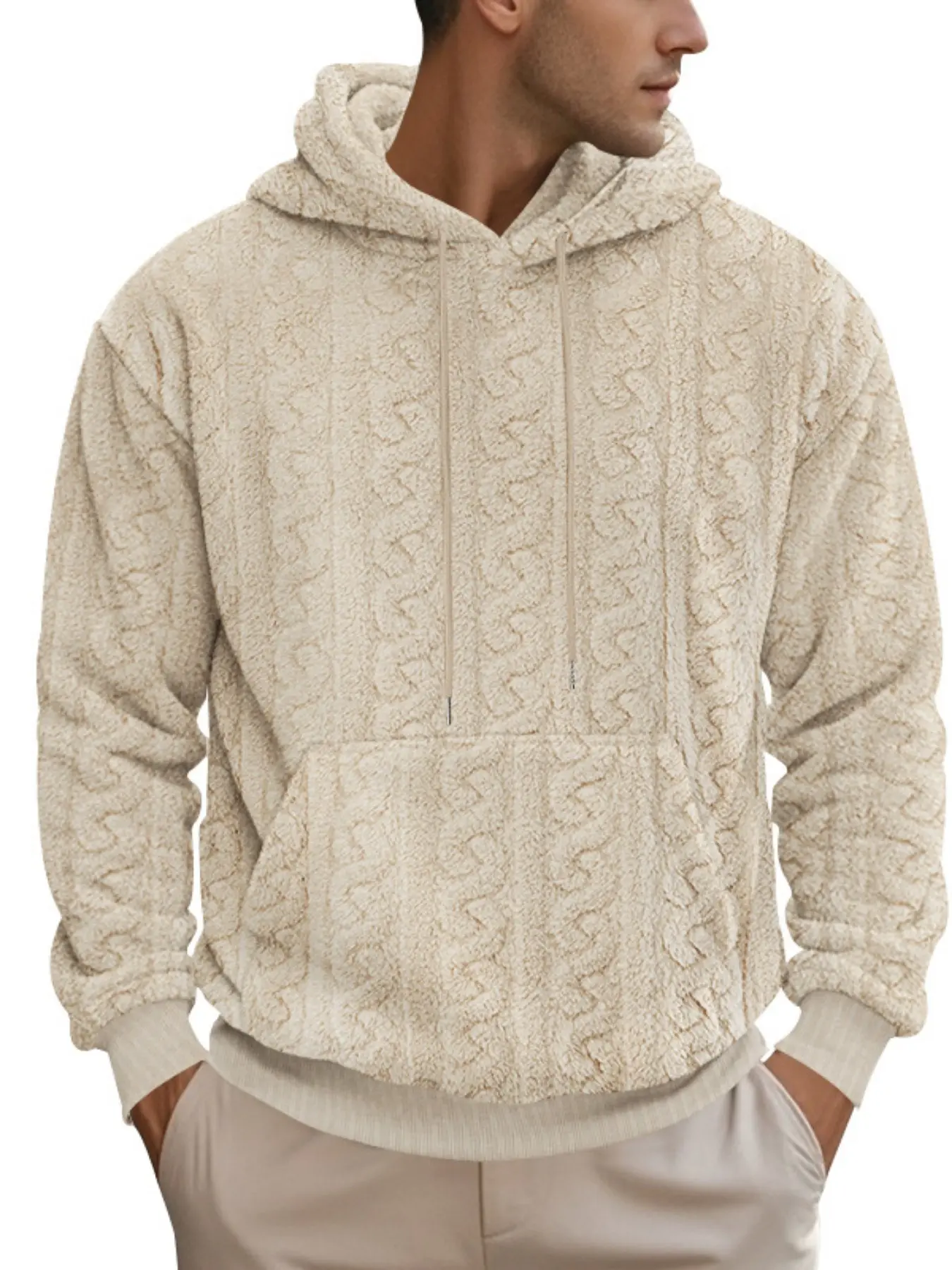 Men's Hooded Teddy Fleece Sweatshirt, Fall Winter New Arrival, Casual Sporty Streetwear, Trendy Pullover for Men