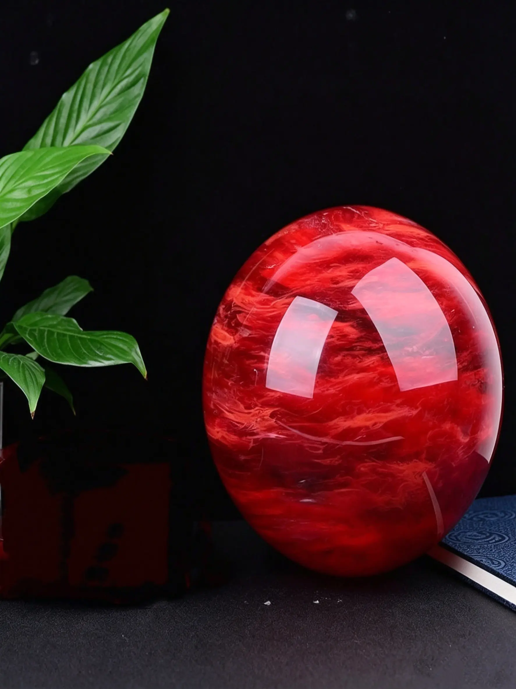 One 5cm red fused crystal ball ornament. Red patterned auspicious crystal sphere for home, office desk, feng shui decoration or gift (without base)
