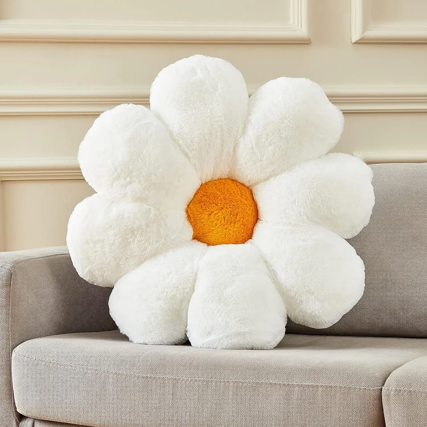 20" Large Daisy Flower Pillow Seat Cushion, White Faux Rabbit Fur Plush Throw Pillow, Cozy Floor Cushion Perfect Gift for Kids Girls Adults